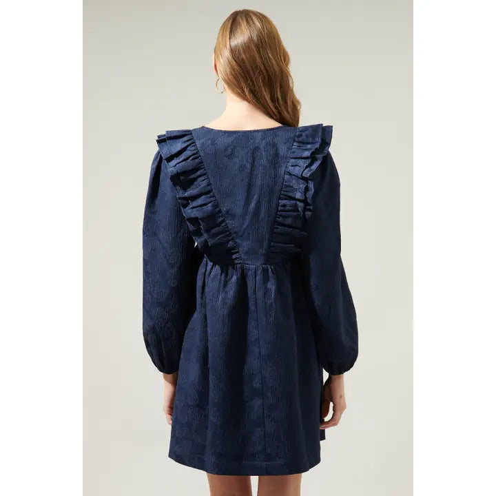 Ciao Jaquard Ruffle Babydoll Dress in Navy