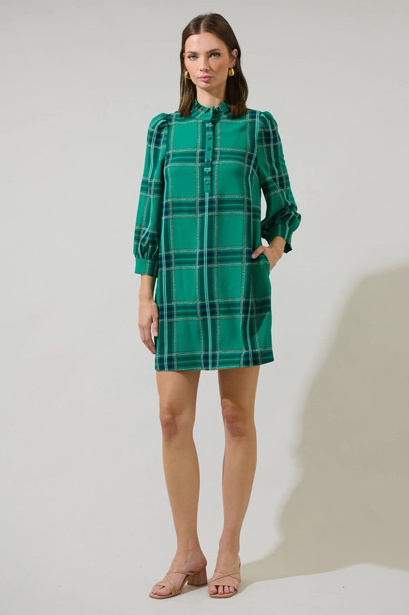 Woodland Jade Plaid Lorna Shift Mini Dress in Green