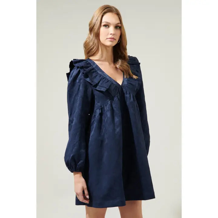 Ciao Jaquard Ruffle Babydoll Dress in Navy