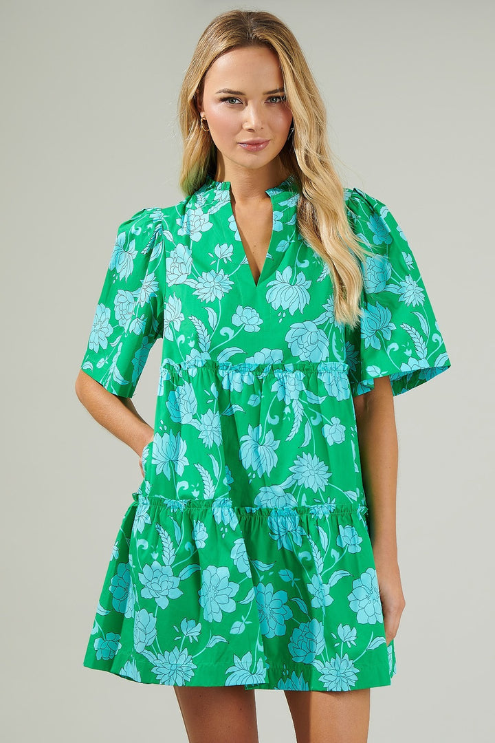 Waterlily shift dress in blue/green