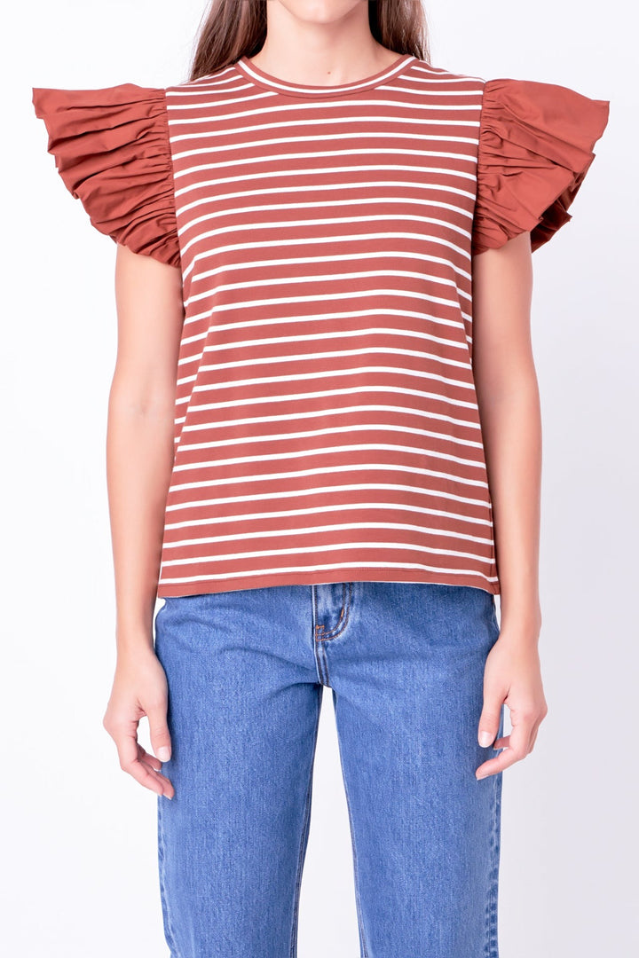 Stripe Knit with puff sleeve in brown