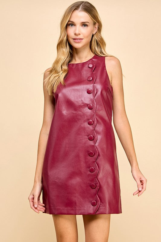 Faux Leather Scallop Button Dress in Crimson