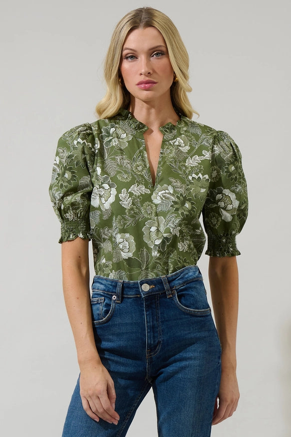 Hazleton Floral Reign Split Neck Top In Green