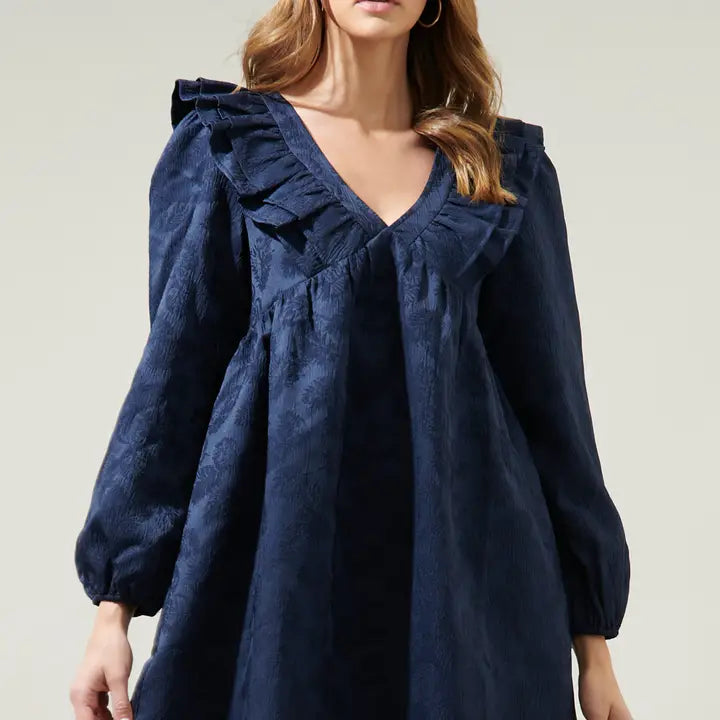 Ciao Jaquard Ruffle Babydoll Dress in Navy