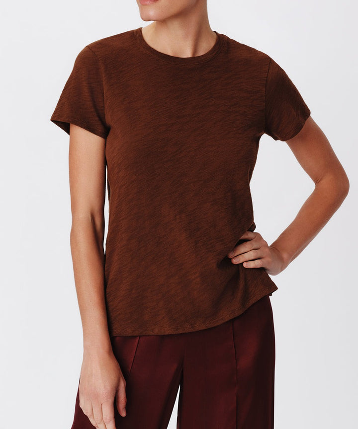 Slub Jersey Schoolboy Short Sleeve Crew Neck Tee in Pecan Brown