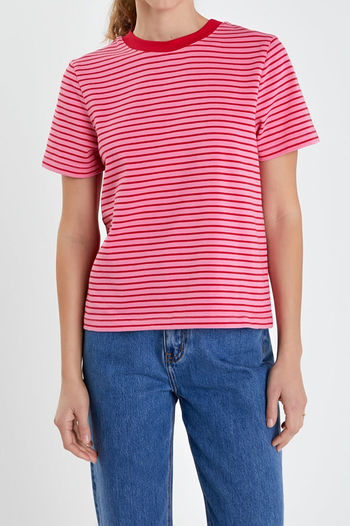 Contrast Rib Stripe T-Shirt in Pink and Red