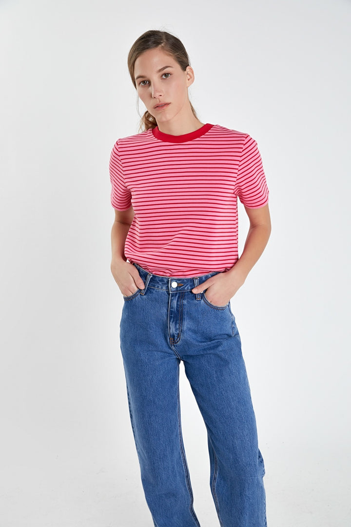 Contrast Rib Stripe T-Shirt in Pink and Red